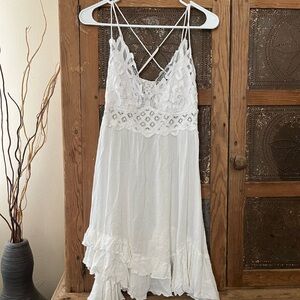 Free People White Lace-Trim Mini Dress with Crisscross Straps